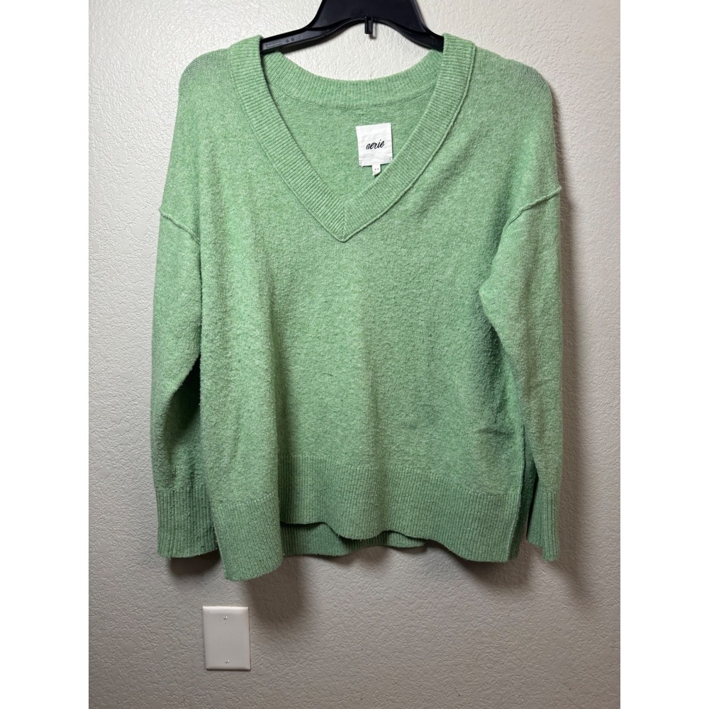 Aerie Womens V-Neck Pullover Sweater Sage Green Oversized Knit Small